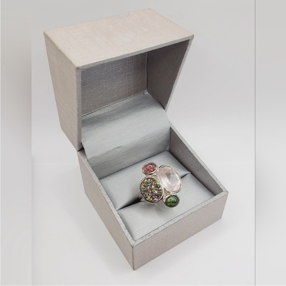 925 Sterling Silver Pink & Green Tourmaline - Pink & Druzy Quartz Statement Ring - Picture 8 of 8